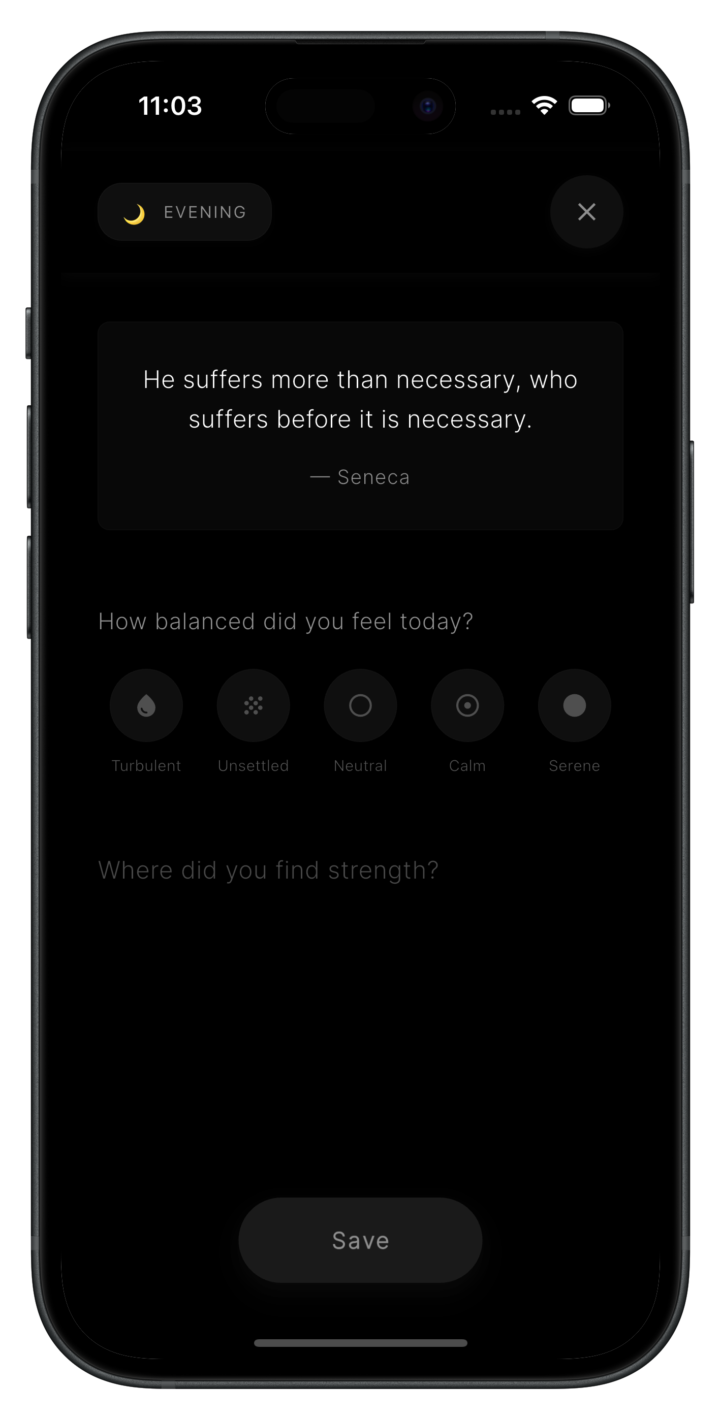 Stoxia evening reflection screen with mood selector